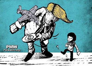 Cartoon portrays Trump snatching US aid from a young boy representing Palestinians